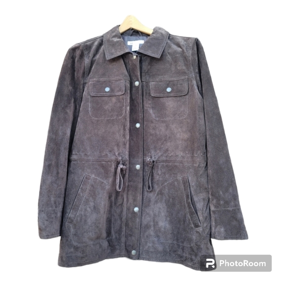 Liz Claiborne jacket suede brown M snap closure lined drawstring waist bohemian - Picture 1 of 15